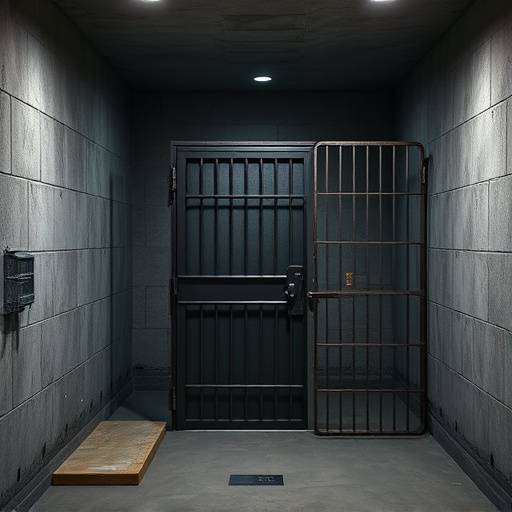 Detailed interior view of a solitary confinement cell featuring a steel door, minimal furnishings, and concrete walls.