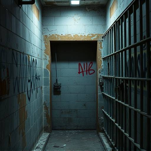 Detailed view of a distressed prison cell with peeling paint, graffiti, and signs of wear and tear