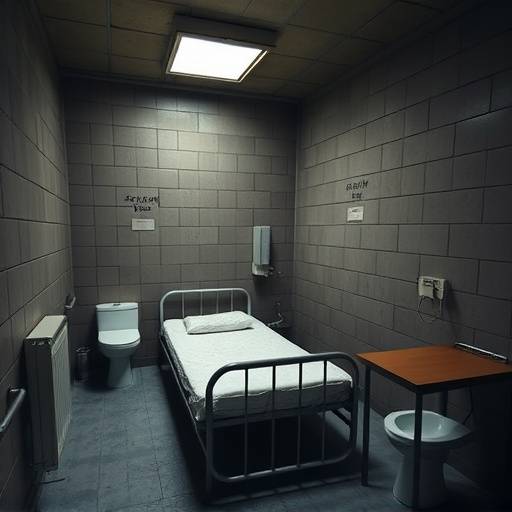Full view of a standard prison cell in Cell Block A, showing metal bed, toilet, and desk