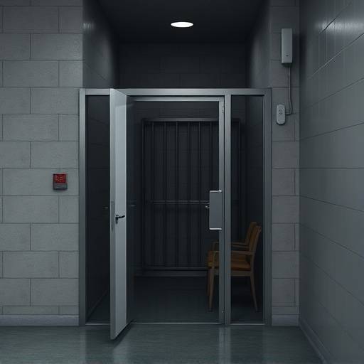 Image of a solitary confinement cell with a steel door and minimal furnishings