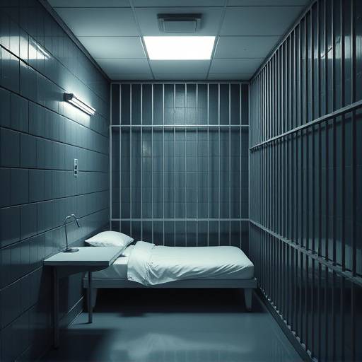 Interior view of a modern prison cell with bright lighting, a clean bed, and a small desk area