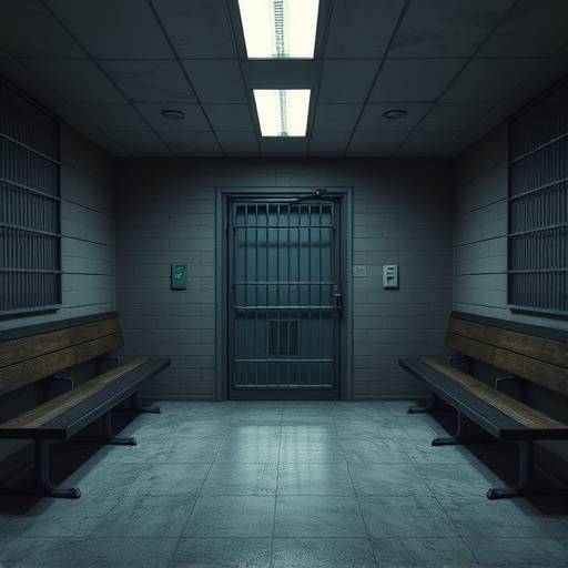 Interior view of Holding Area E, showing benches, reinforced glass, and a metal security door
